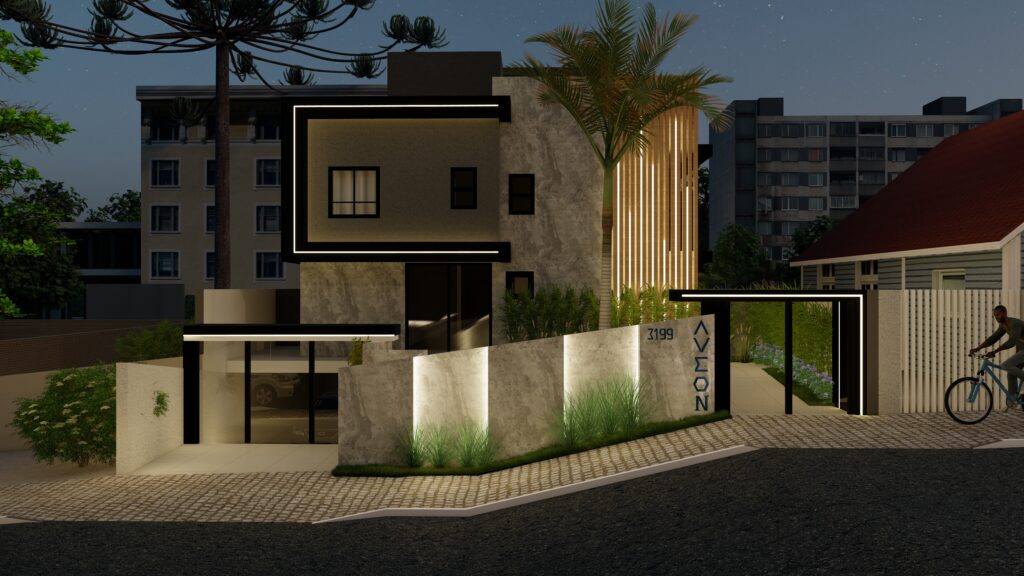 Imagem Noturna da fachada do Aveon Alto da XV demonstrando conforto moderno e localização estratégica