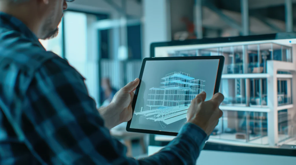 Engenheiros analisando projetos complementares em tablet com modelo BIM 3D ao fundo em obra da Calure.