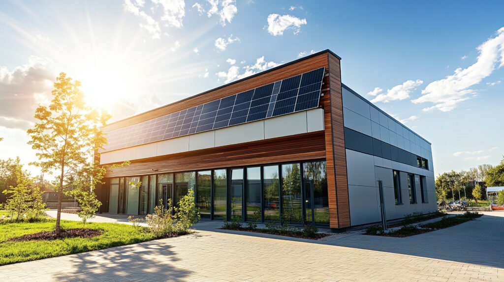 Fachada de edifício sustentável com painéis solares e design moderno, representando a nova era da construção sustentável em 2026.